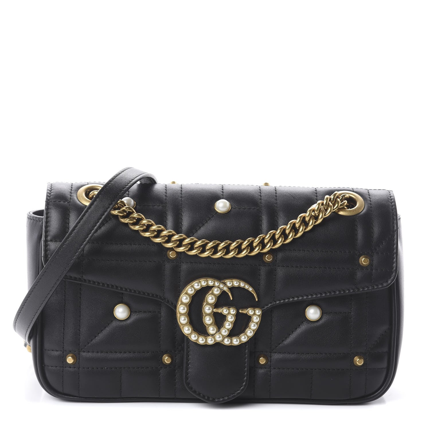 Gucci Calfskin Matelasse Studded Small Pearly GG Marmont Shoulder Bag Black 1 of 8