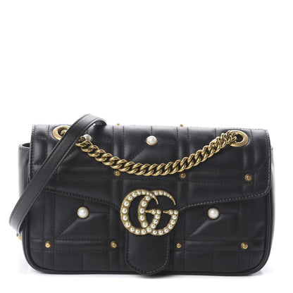 Gucci Calfskin Matelasse Studded Small Pearly GG Marmont Shoulder Bag Black 1 of 8