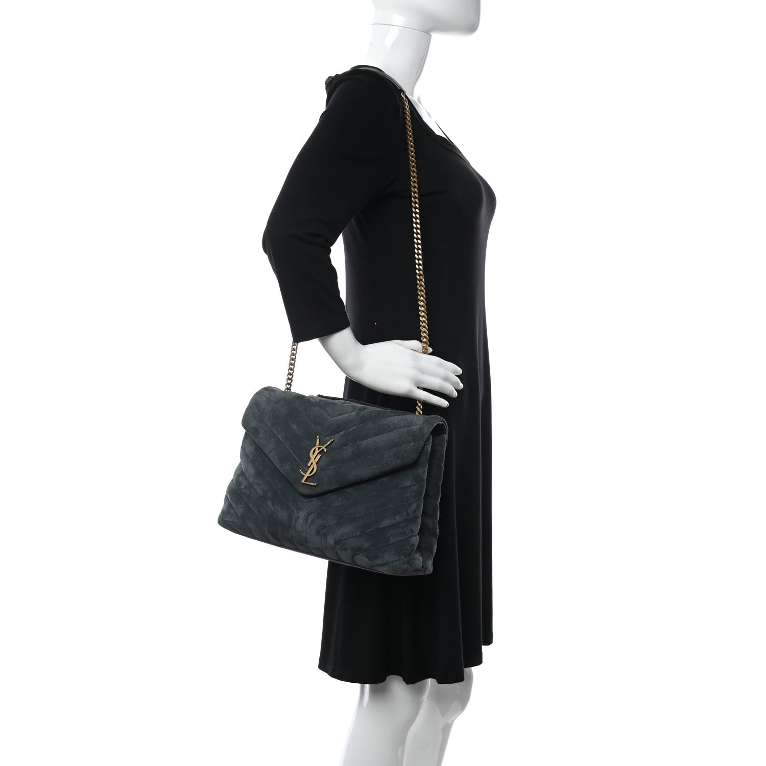 Saint Laurent Suede Y Quilted Monogram Medium Loulou Chain Satchel Deep Green 2 of 11