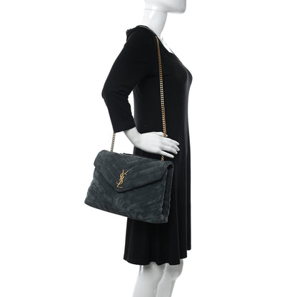 Saint Laurent Suede Y Quilted Monogram Medium Loulou Chain Satchel Deep Green 2 of 11