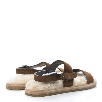 Saint Laurent Suede Shearling Joan Noe Flat Sandals 38 Brown 4 of 8
