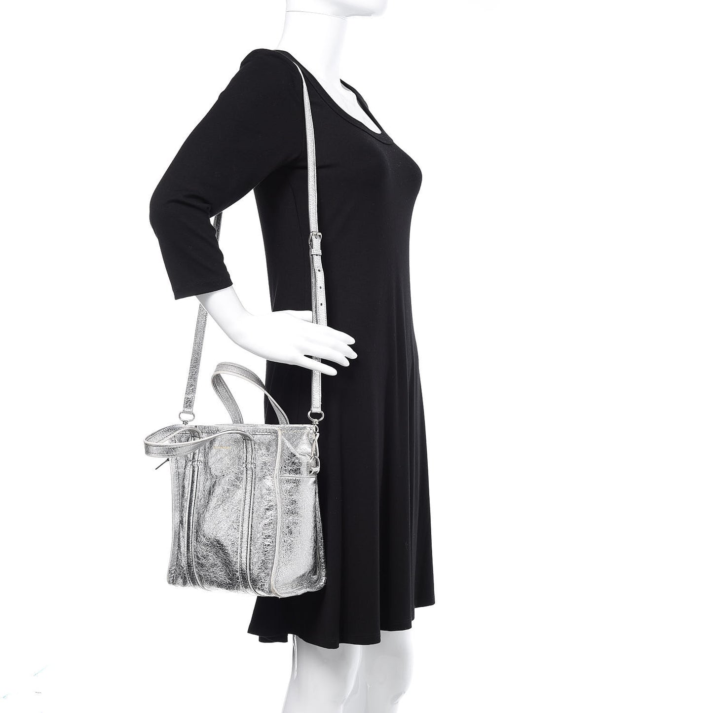 Metallic Calfskin S Bazar Shopper Tote Silver Hardware