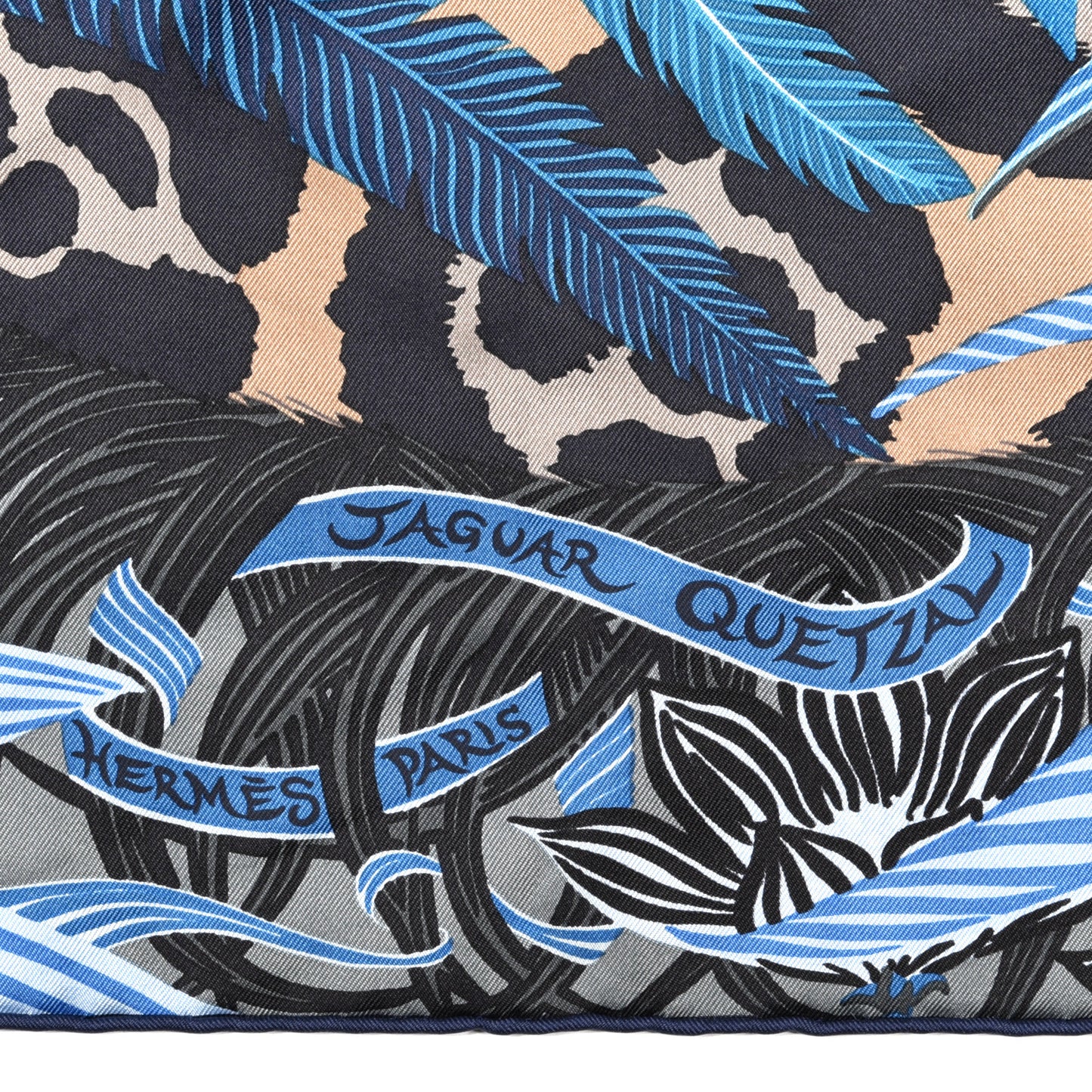 Silk Jaguar Quetzal Scarf 90 Bleu Jean Camel Marine
