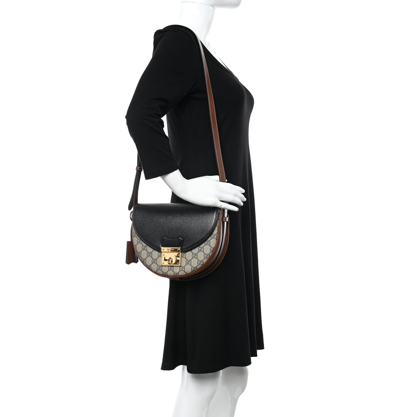 GG Supreme Monogram Calfskin Small Padlock Messenger Shoulder Bag Beige Black Cuir