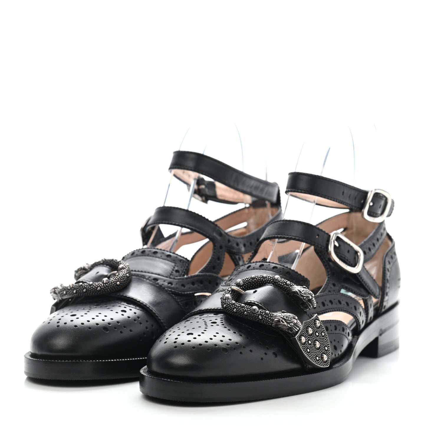 Calfskin Bee Embroidered Womens Queercore Brogue Wingtip Monk Strap Loafers 37.5 Black