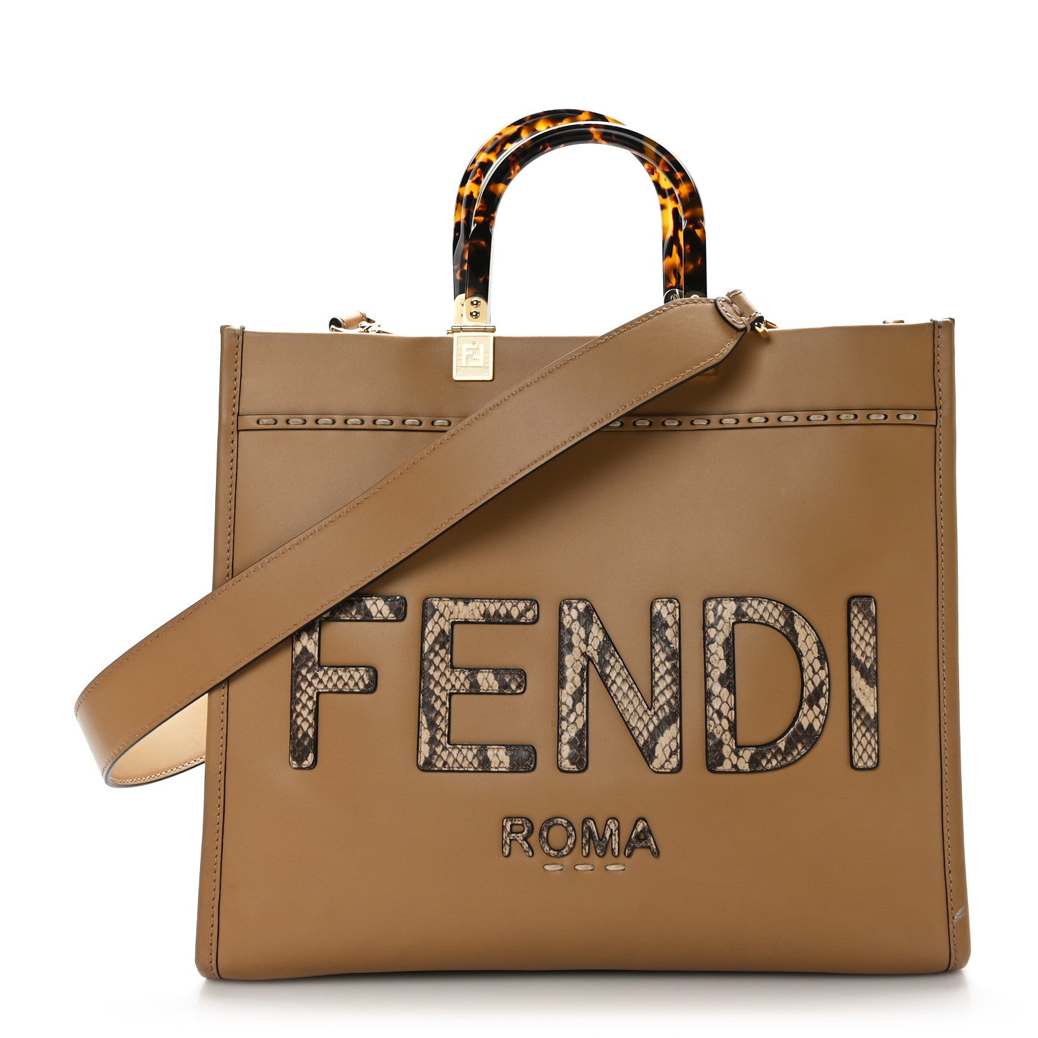 Fendi Vitello King Plexiglass Elaphe Python Print Logo Medium Fendi Sunshine Shopper Tote Miele Scuro Makeup 1 of 11