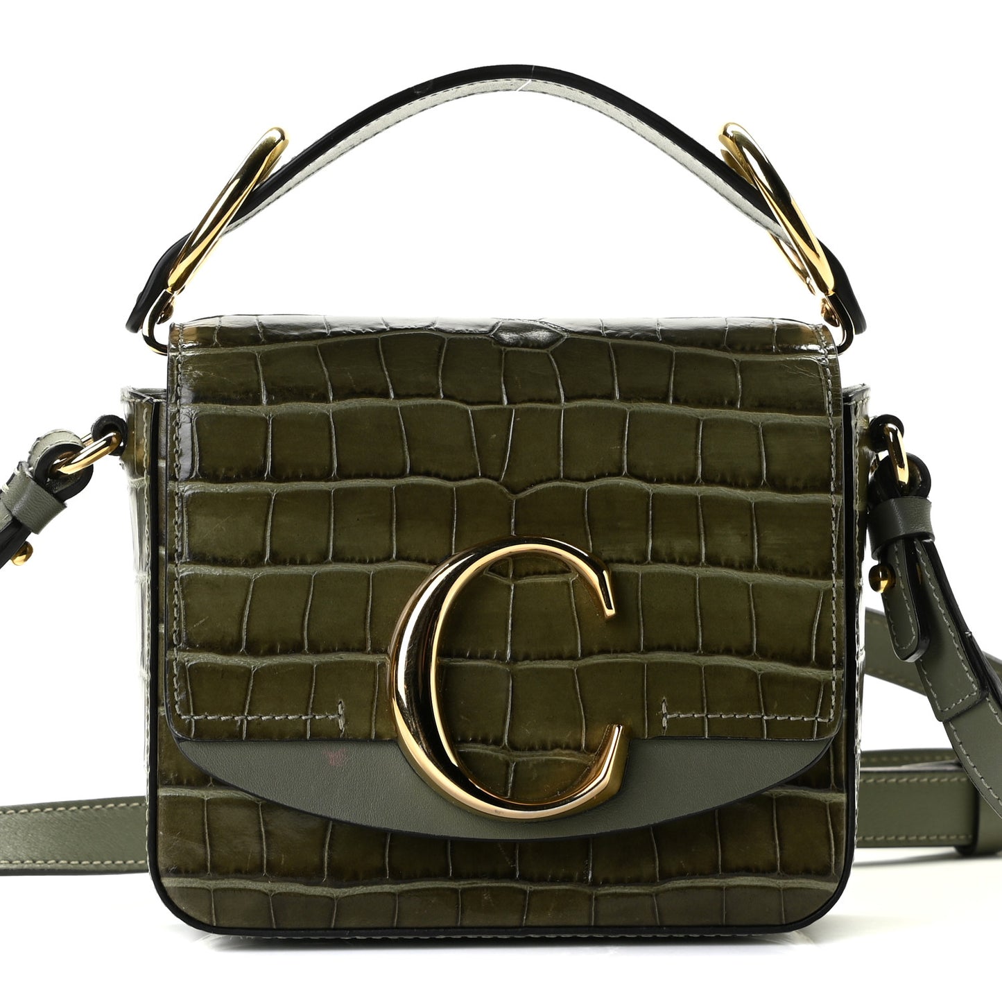 Calfskin Crocodile Embossed Mini C Double Carry Misty Forest