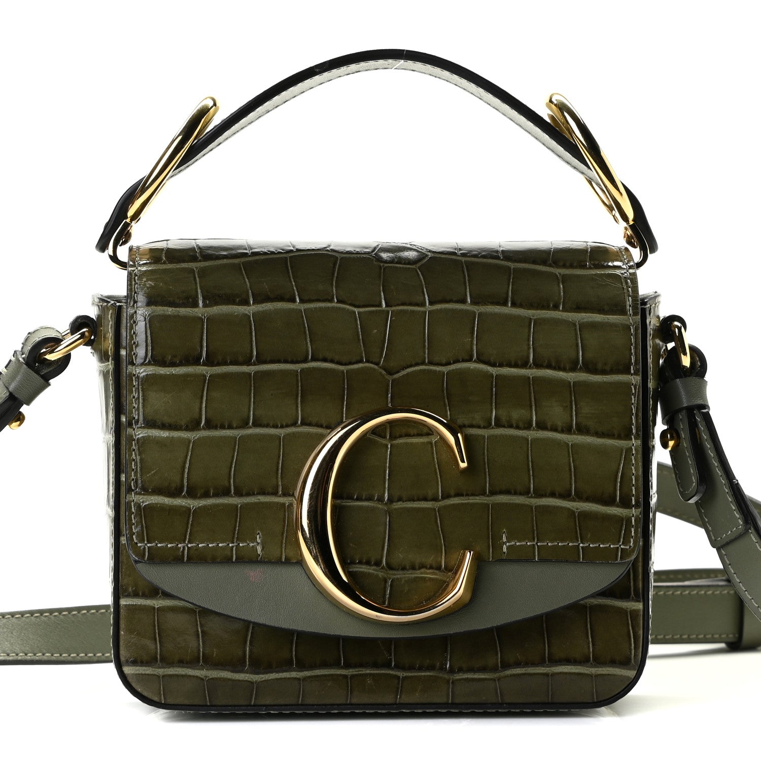 Chloe Calfskin Crocodile Embossed Mini C Double Carry Misty Forest 1 of 10