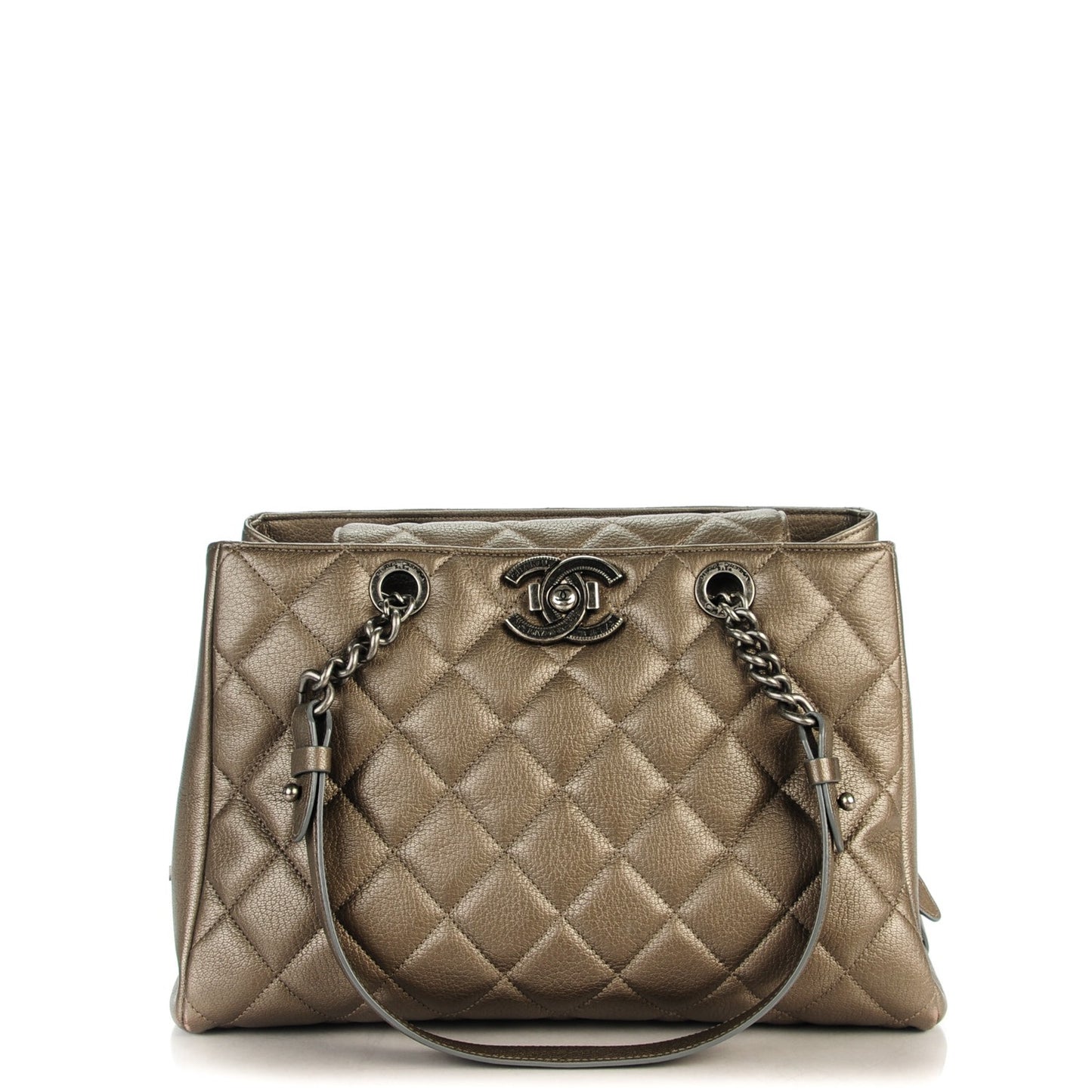 Metallic Goatskin Quilted Large City Rock Shopping Bag Silver