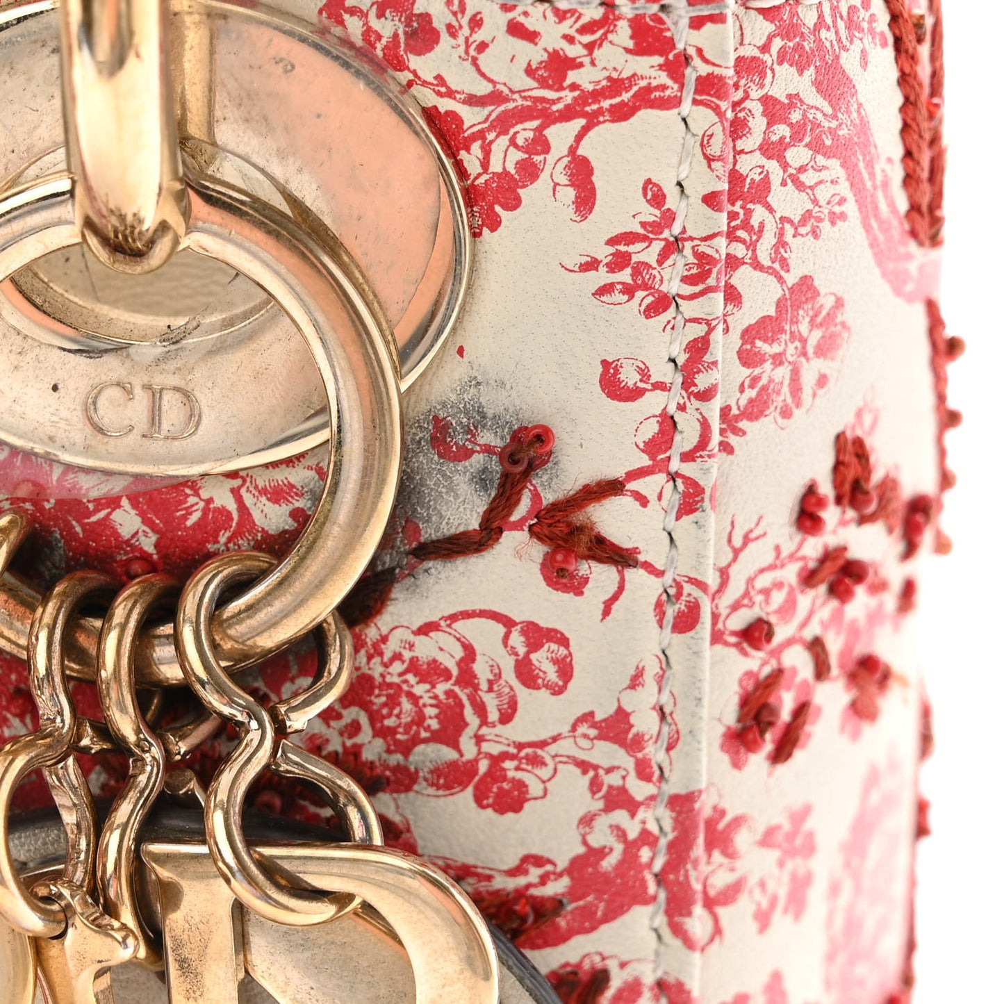 Lambskin Embroidered Floral Toile de Jouy Mini Lady Dior White Red