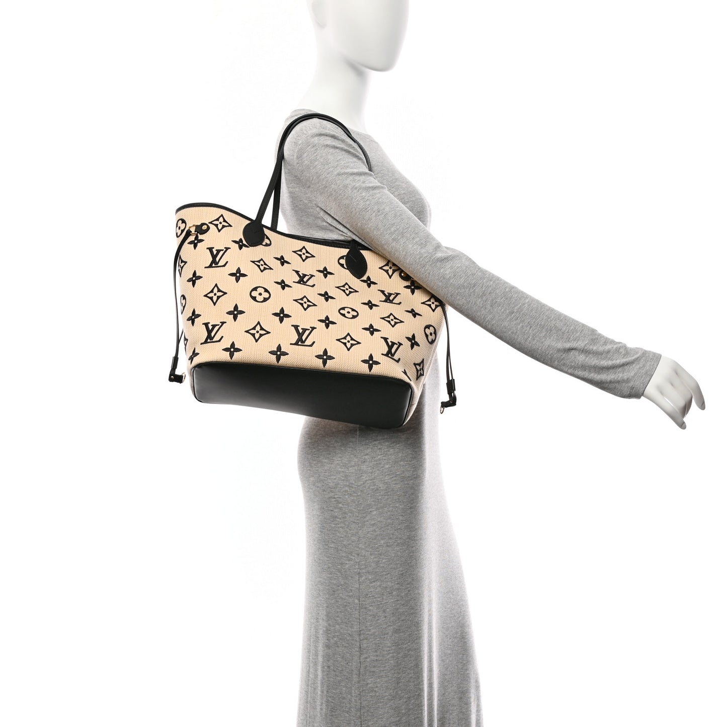 Cotton Monogram Embroidered Neverfull MM Beige Black Beige Black