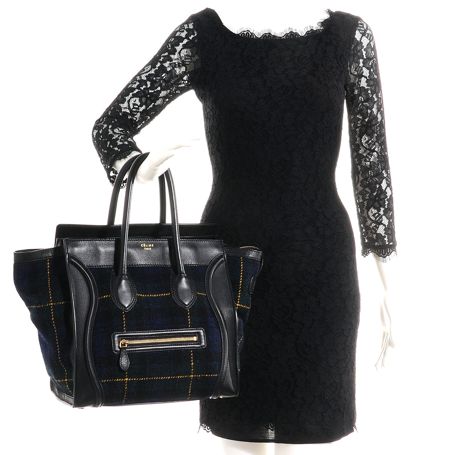 Celine Smooth Calfskin Tweed Tartan Mini Luggage Midnight 2 of 9
