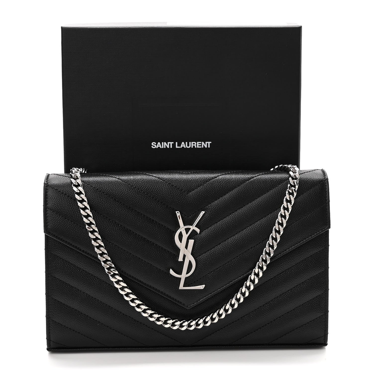 Saint Laurent Grain De Poudre Matelasse Chevron Monogram Chain Wallet Black 10 of 10