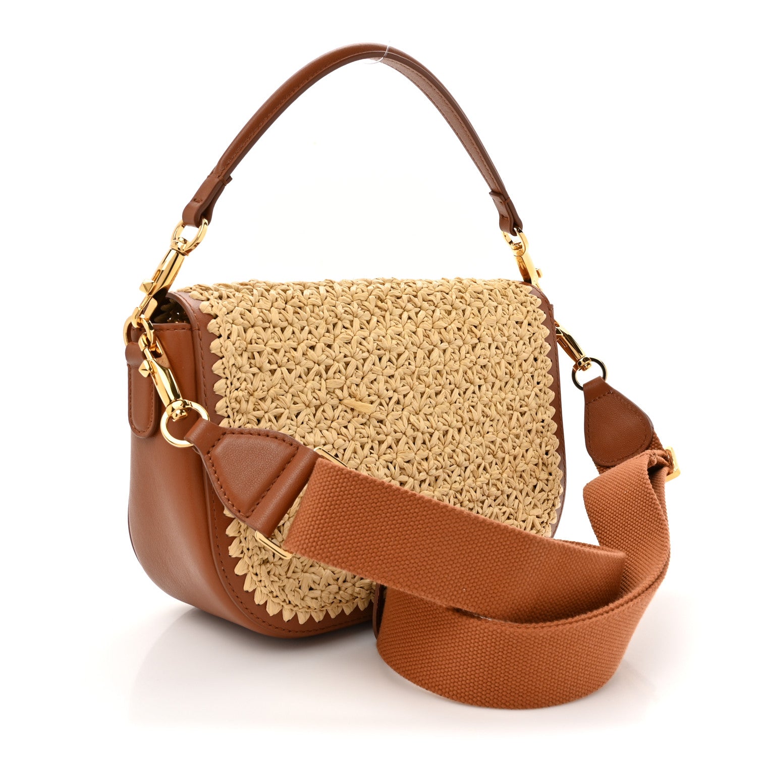 Valentino Garavani Raffia Calfskin Vlogo Alltime Shoulder Bag Natural Saddle Brown 3 of 10