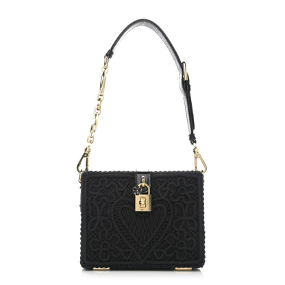 Dolce & Gabbana Cotton Calfskin Crocodile Embossed Cordonetto Lace Embroidered Box Shoulder Bag Black 1 of 9