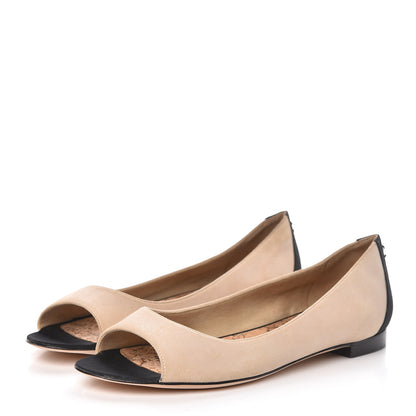 Chanel Suede Grosgrain Peep Toe Ballerina Flats 39.5 Beige Black 3 of 8