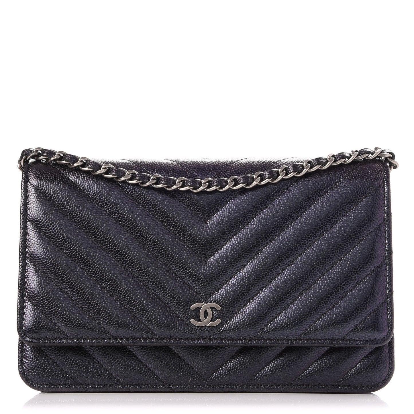 Iridescent Caviar Chevron Quilted Wallet On Chain WOC Black
