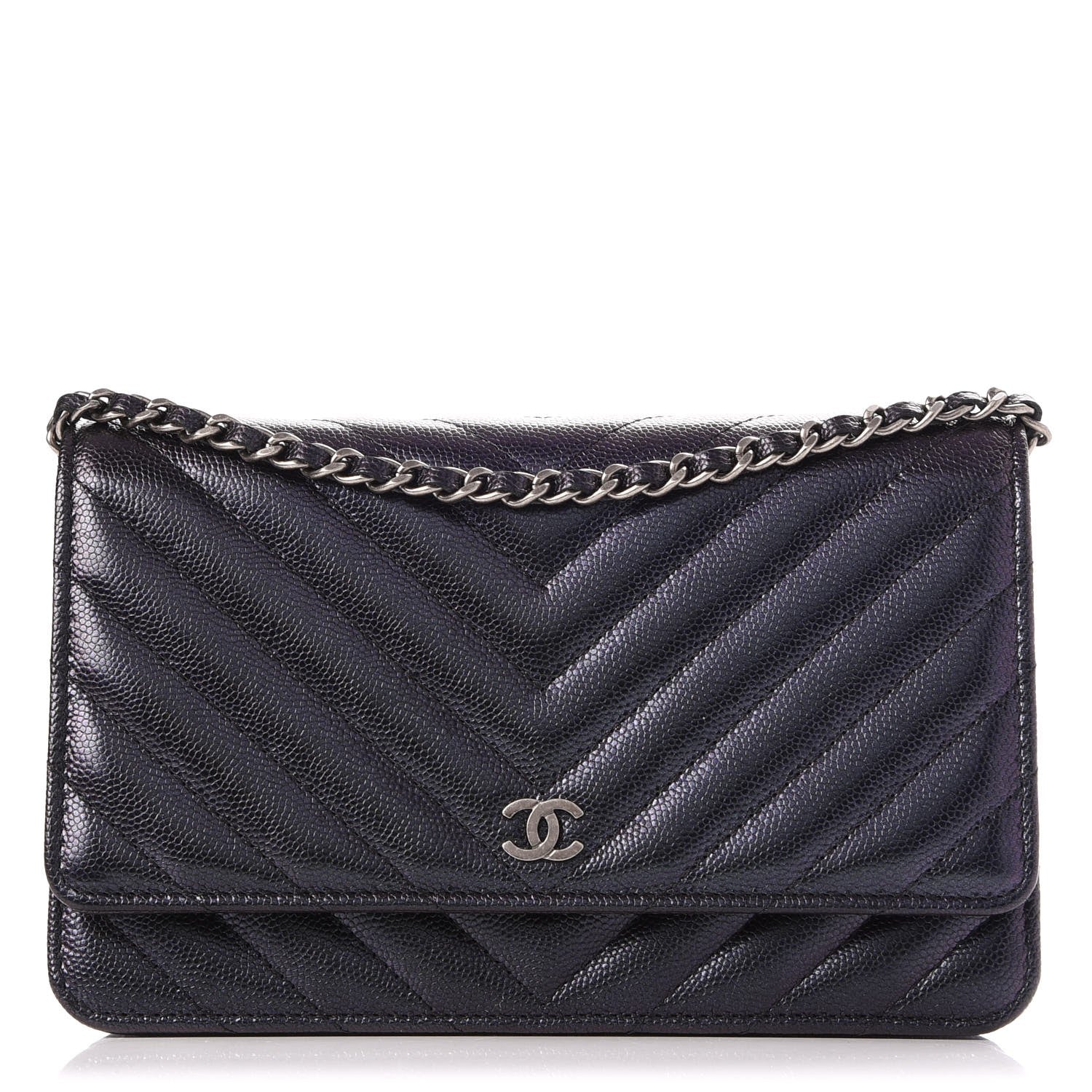Chanel Iridescent Caviar Chevron Quilted Wallet On Chain WOC Black 1 of 10