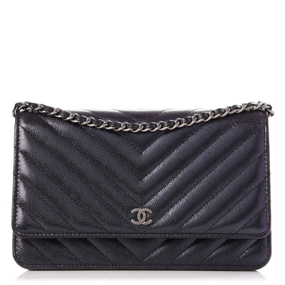 Chanel Iridescent Caviar Chevron Quilted Wallet On Chain WOC Black 1 of 10