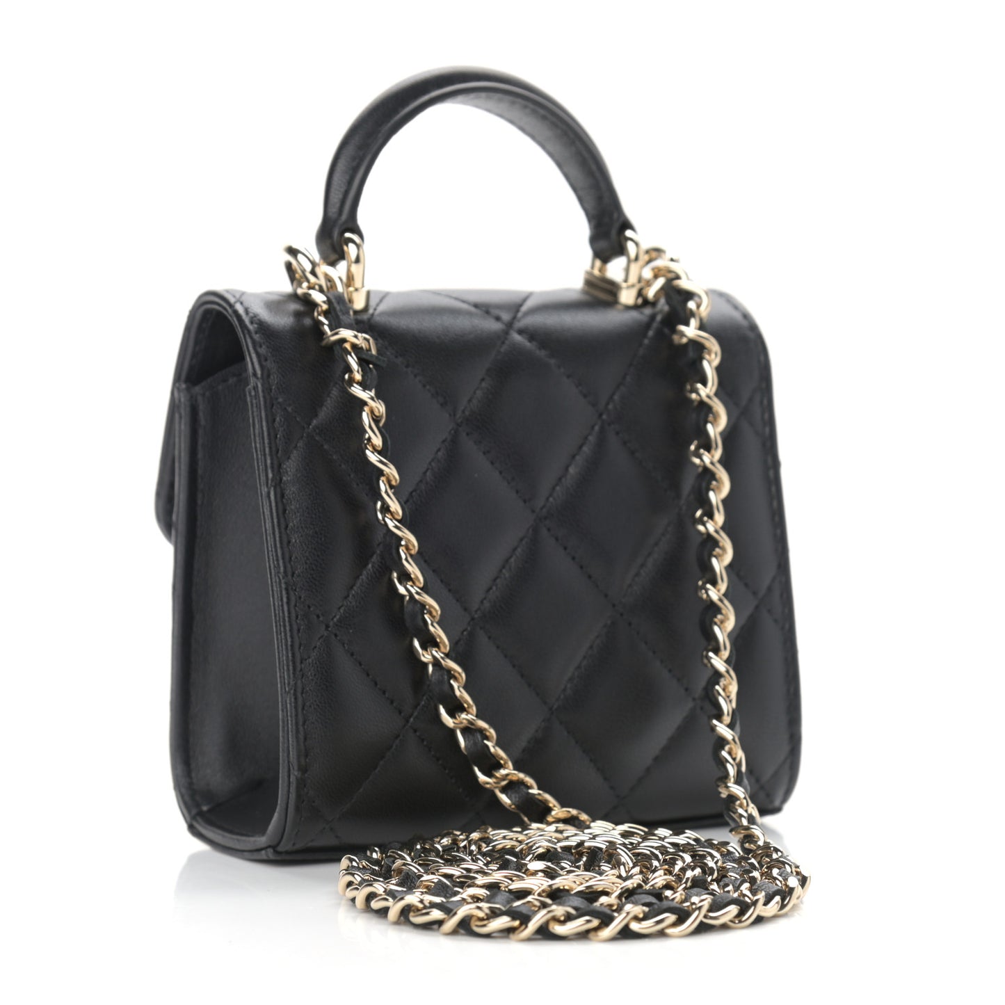 Lambskin Quilted Top Handle Flap Clutch With Chain Black