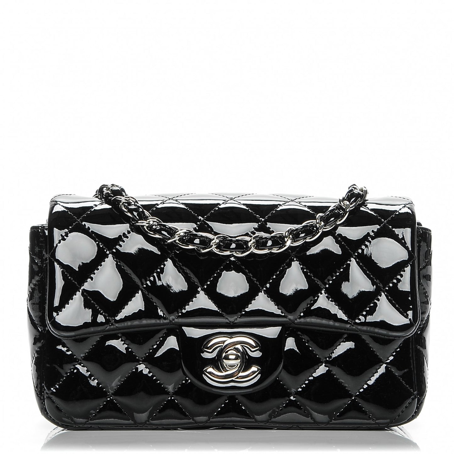 Patent Calfskin Quilted Mini Rectangular Flap Black