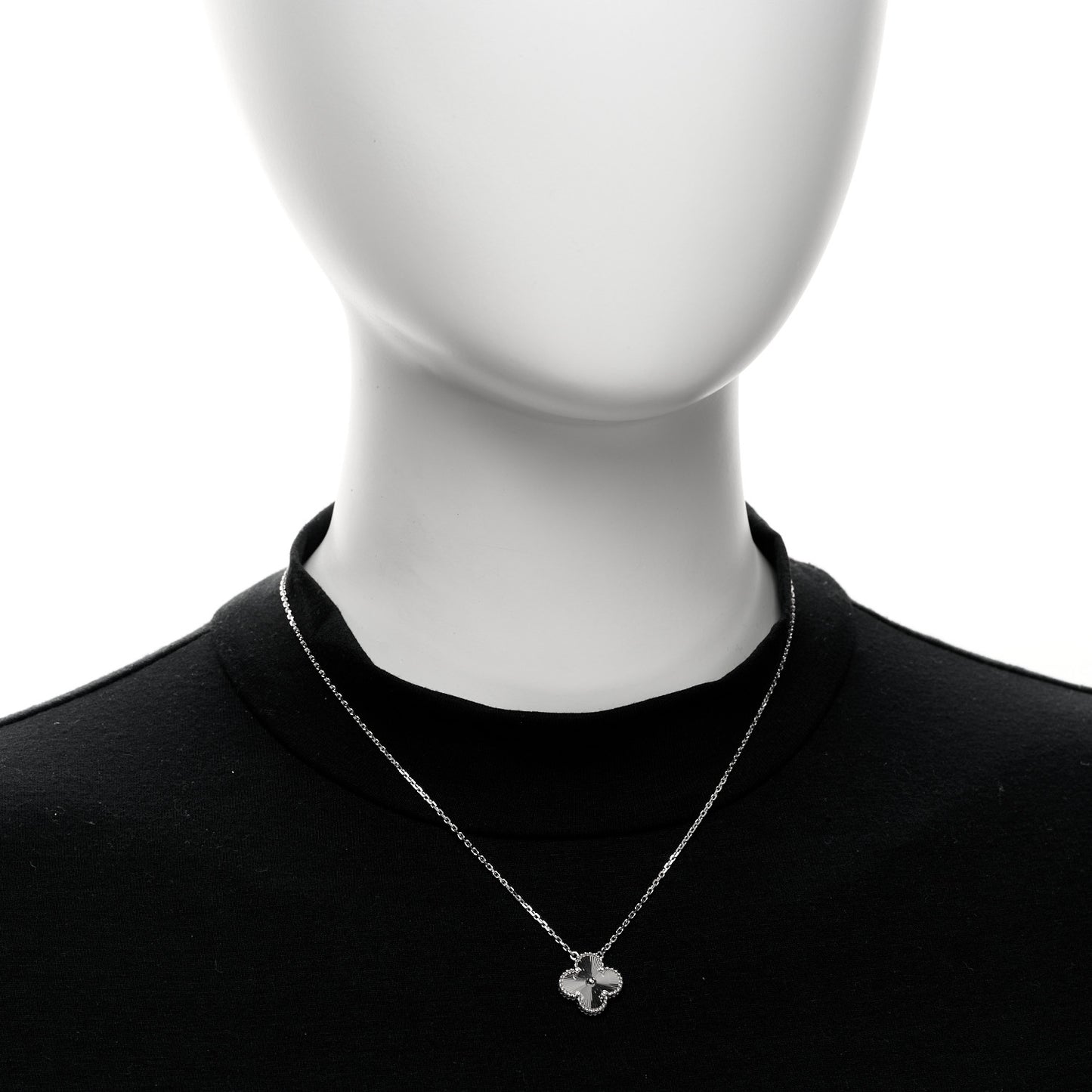 18K White Gold Guilloche Vintage Alhambra Pendant Necklace
