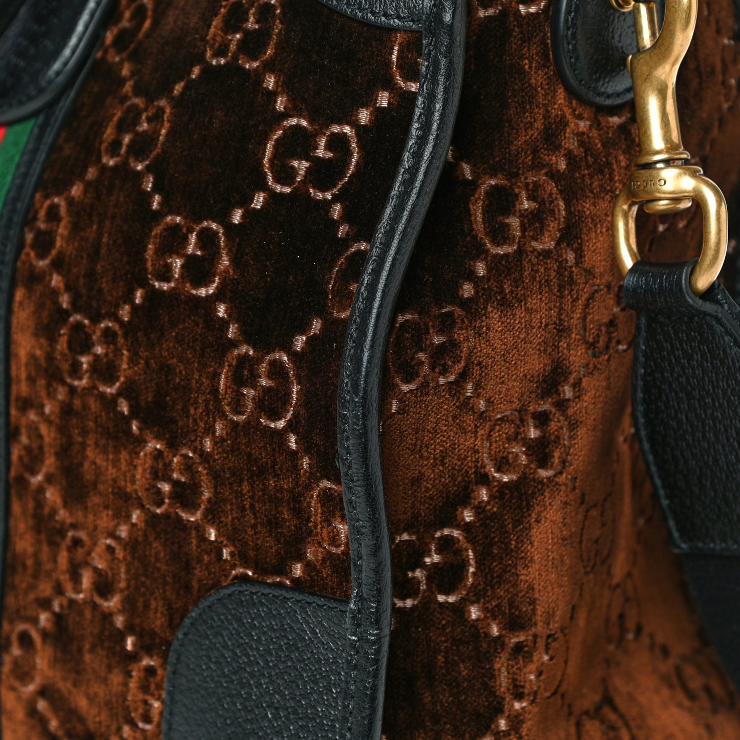 Velvet GG Monogram Textured Calfskin Web Medium Duffle Bag Brown Black