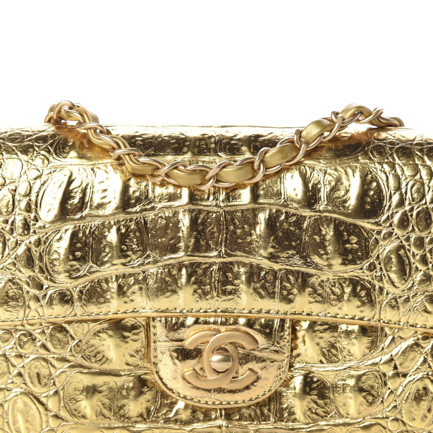Chanel Metallic Calfskin Crocodile Embossed Cocodile Rectangular Mini Flap Gold 10 of 11