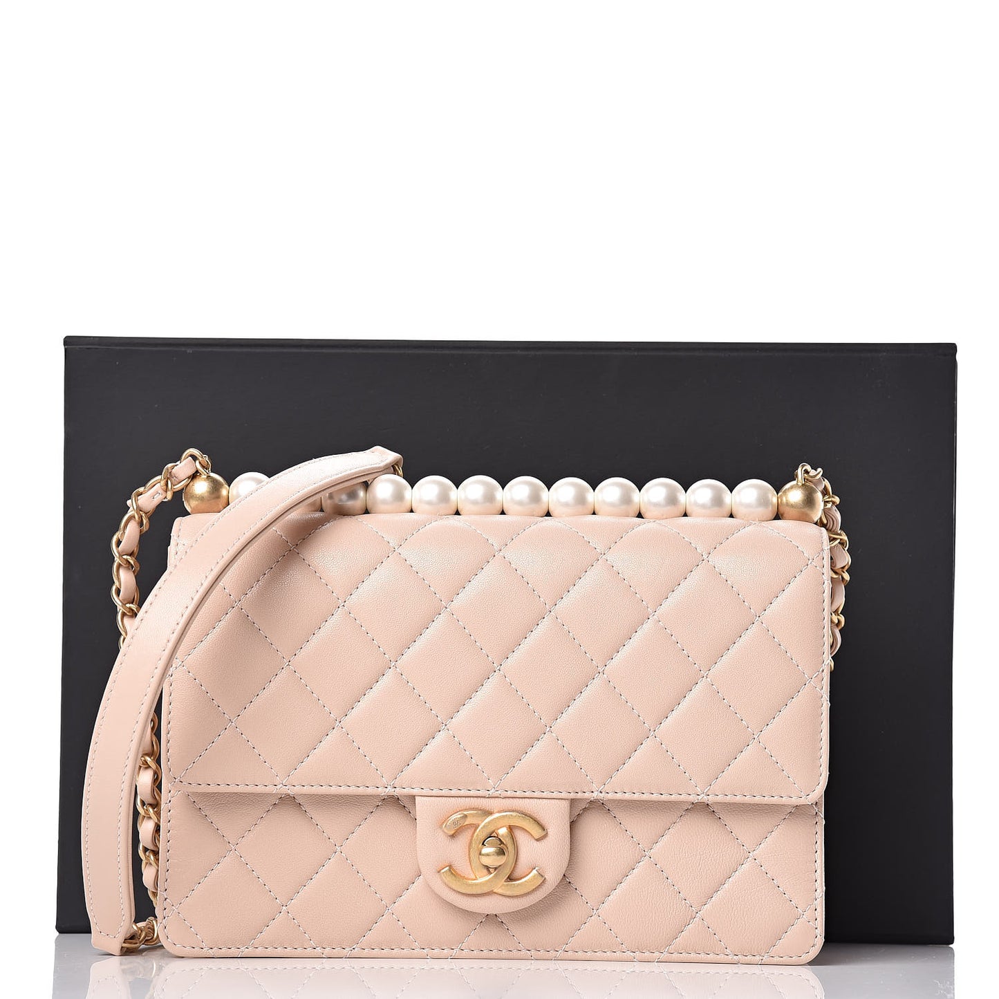 Lambskin Quilted Small Chic Pearls Flap Beige
