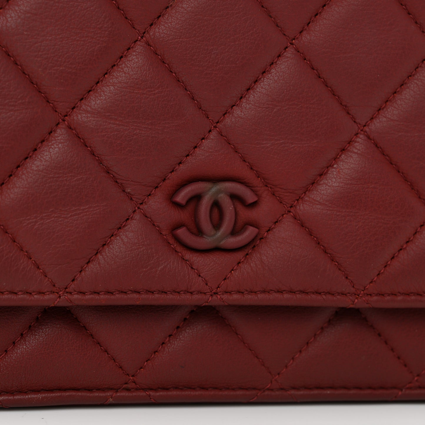 Aged Calfskin Quilted Wallet On Chain WOC Burgundy