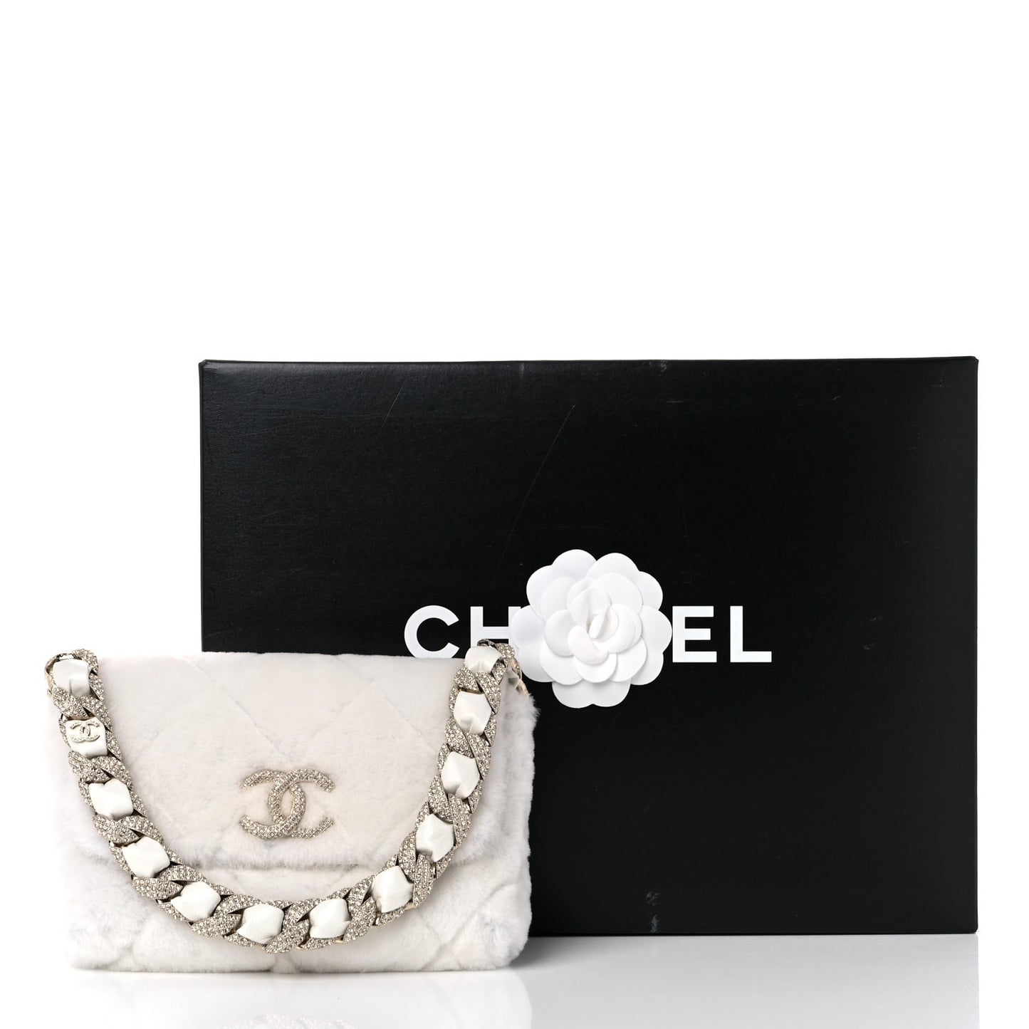 Shearling Lambskin Crystal Strass Flap White