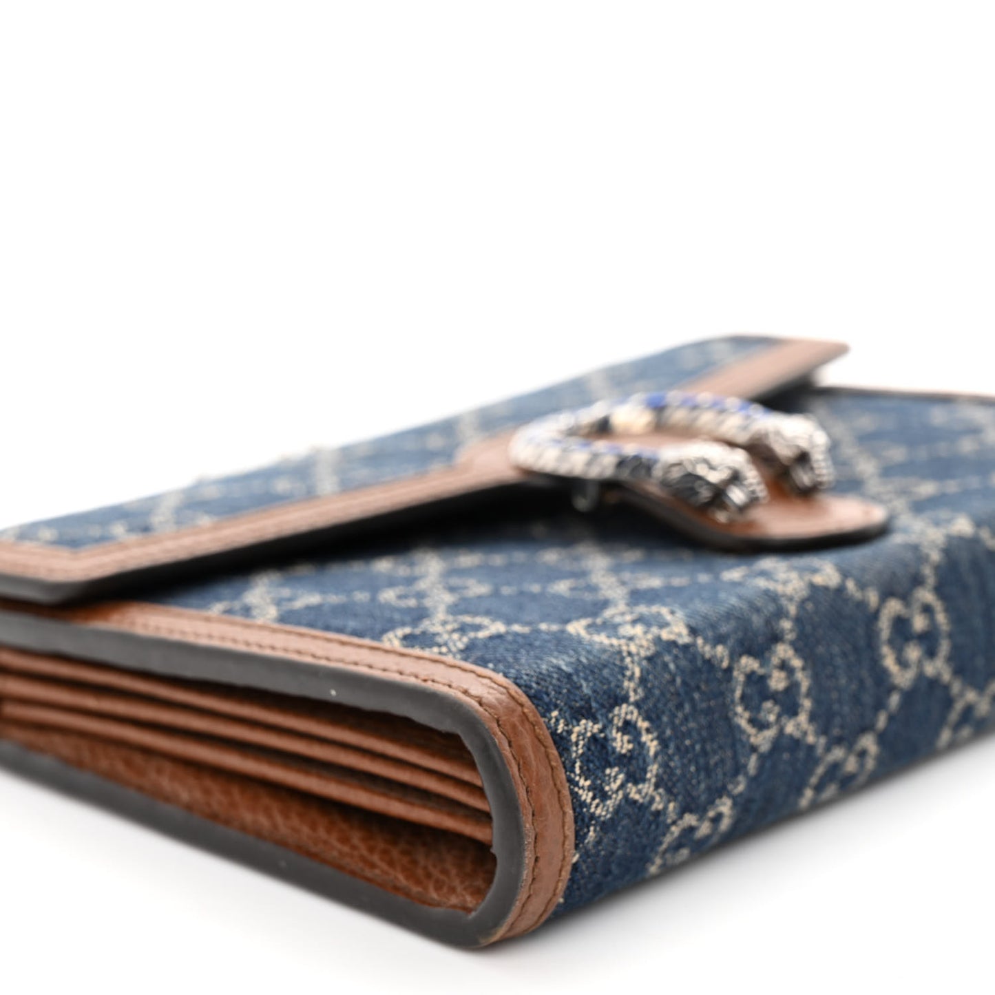 New Denim GG Monogram Dollar Calfskin Enamel Mini Dionysus Chain Wallet Blue Tea Cuir Epilog Electric Blue