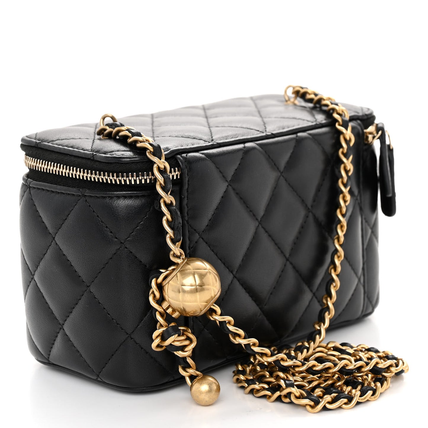 Lambskin Quilted Small Pearl Crush Vanity Case With Chain Black