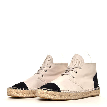 Chanel Lambskin Canvas Cap Toe Lace Up Espadrilles 38 Beige Black 2 of 9