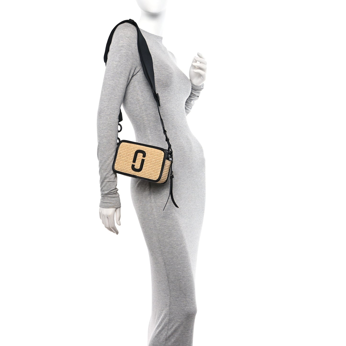 Calfskin Woven Straw Small Snapshot Camera Bag Beige