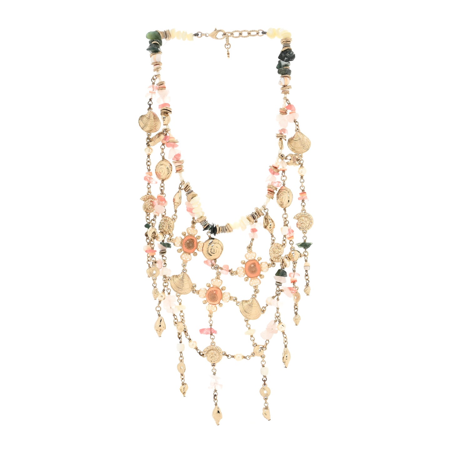 Pearl Stone CC Seashell Multi Strand Necklace Gold Pink Multicolor