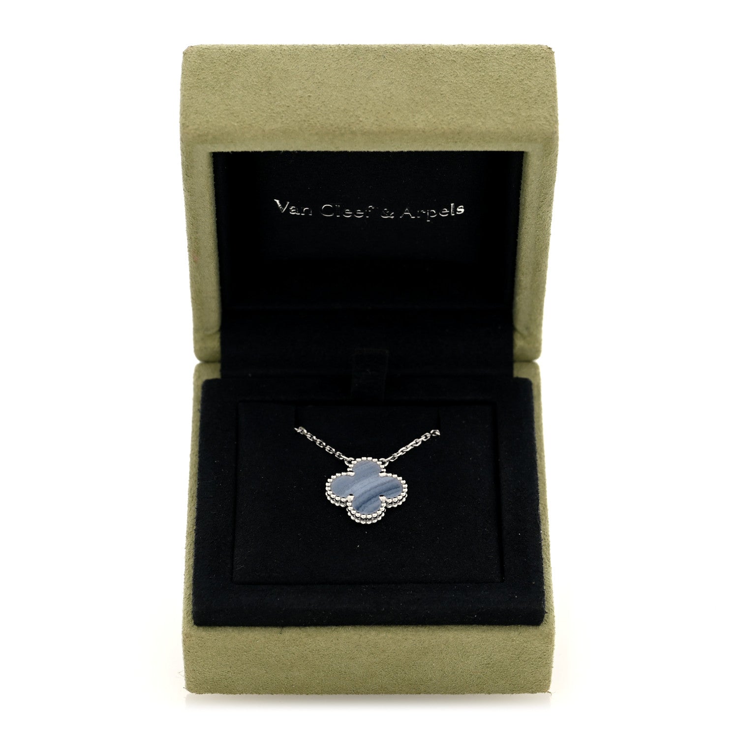 Van Cleef & Arpels 18k White Gold Chalcedony Vintage Alhambra Pendant Necklace 5 of 5