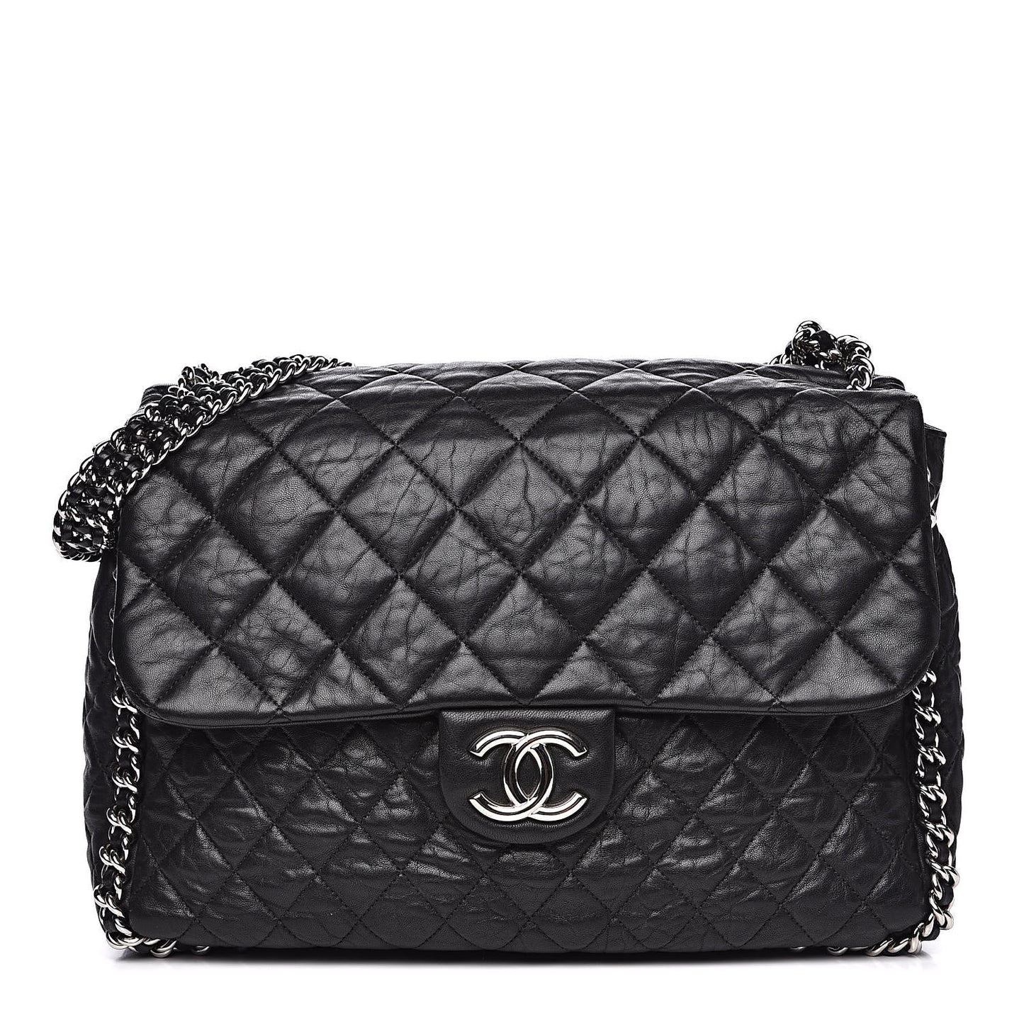 Washed Lambskin Quilted Maxi Chain Around Flap Black