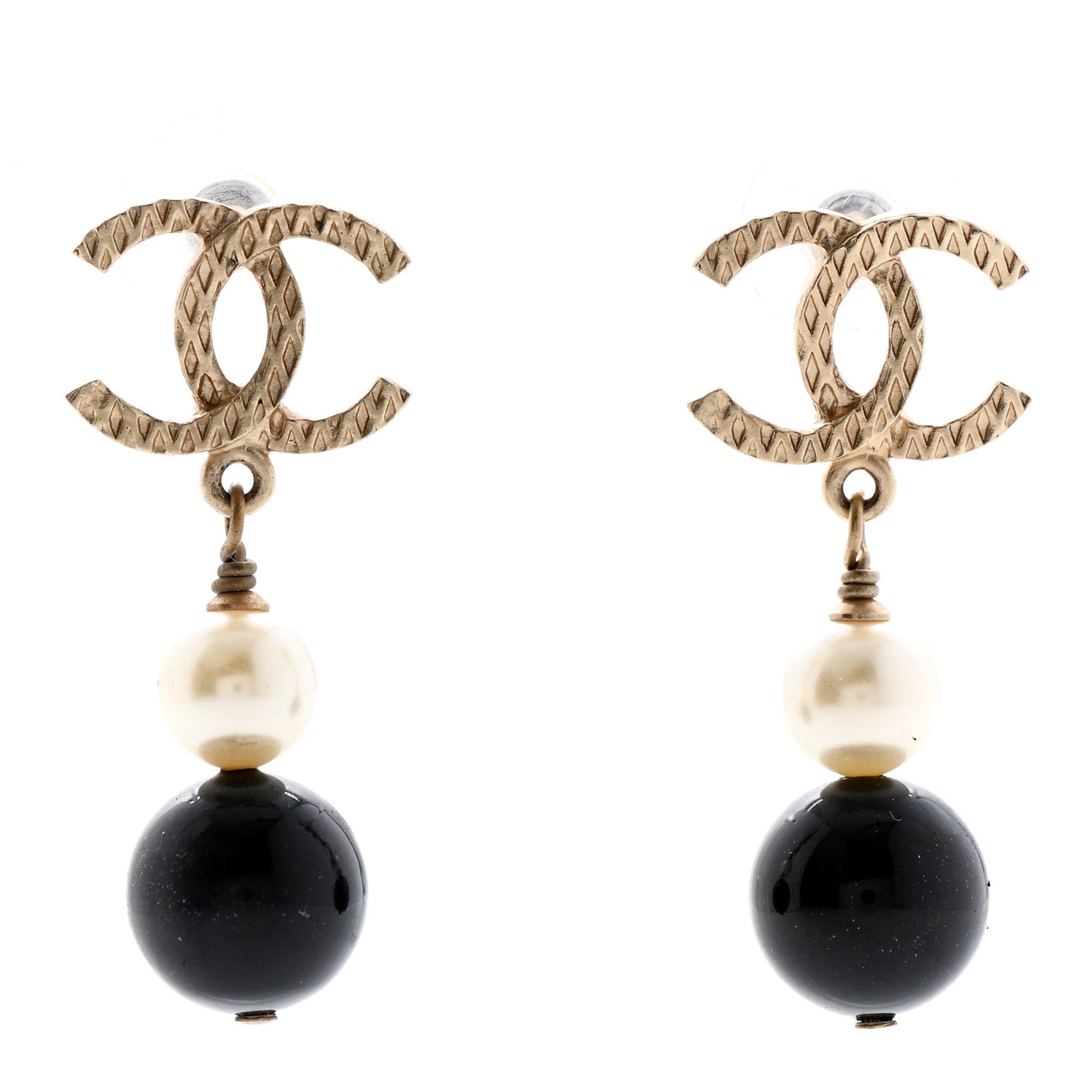 Pearl Bead CC Drop Earrings Black Gold