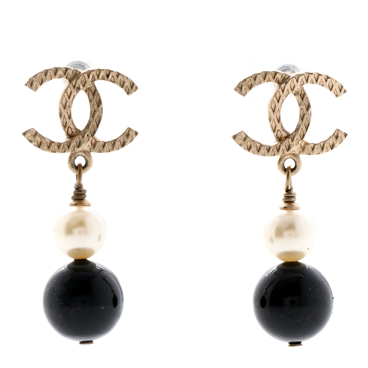 Chanel Pearl Bead CC Drop Earrings Black Gold 1 of 5