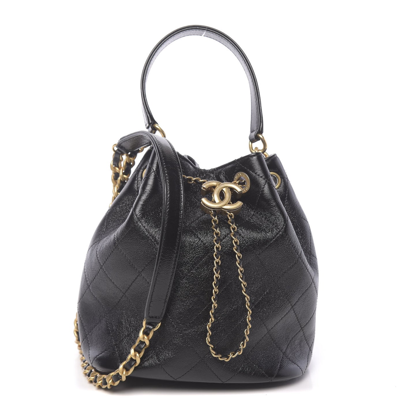 Shiny Lambskin Quilted Drawstring Bag Black