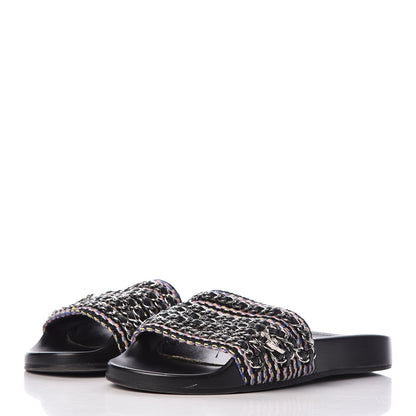 Chanel Tweed Lambskin Chain Flat Sandals 37 Black Multicolor 3 of 12