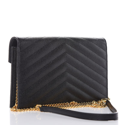 Saint Laurent Grain De Poudre Matelasse Chevron Monogram Envelope Chain Wallet Black 3 of 21