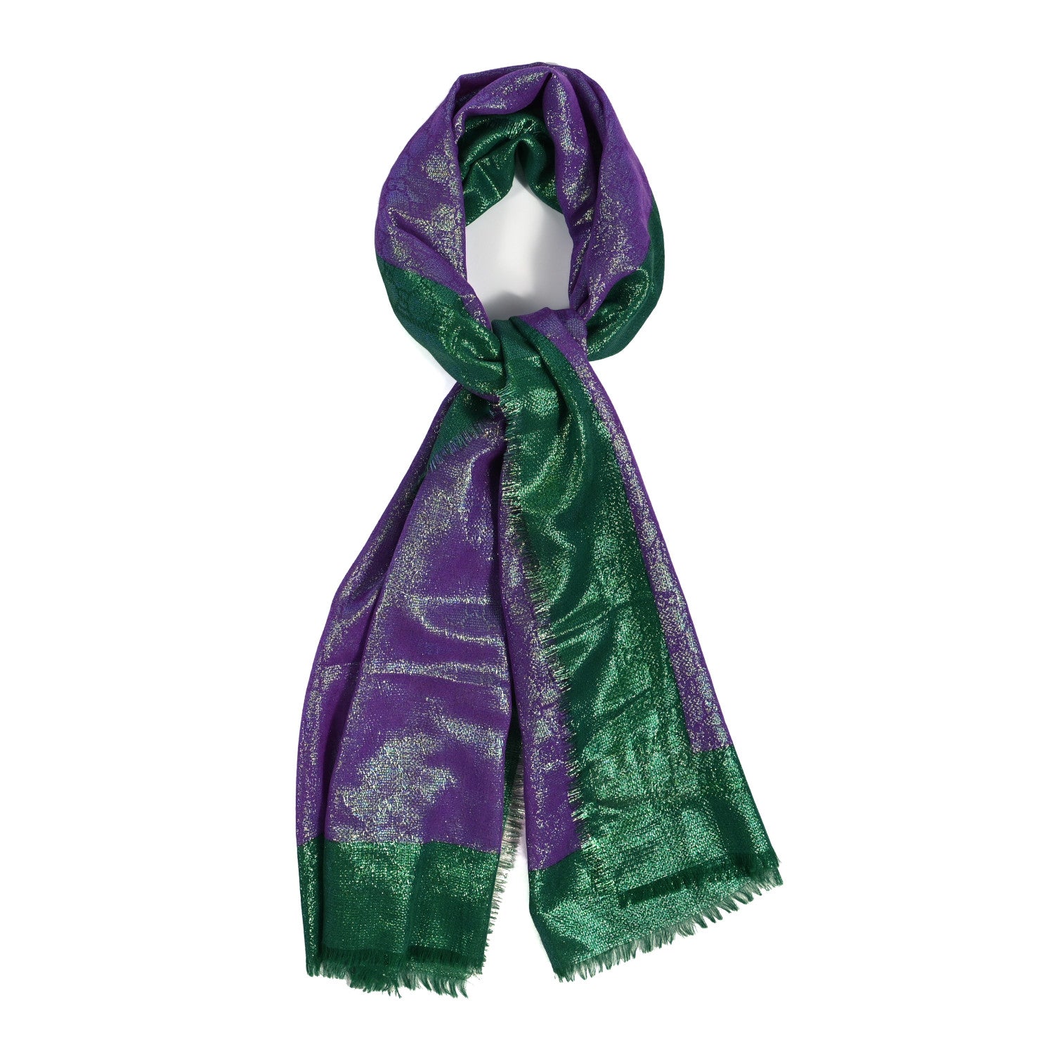 Gucci Wool Polyamide GG Monogram Giwet Fringe Scarf Emerald Light Purple 1 of 4