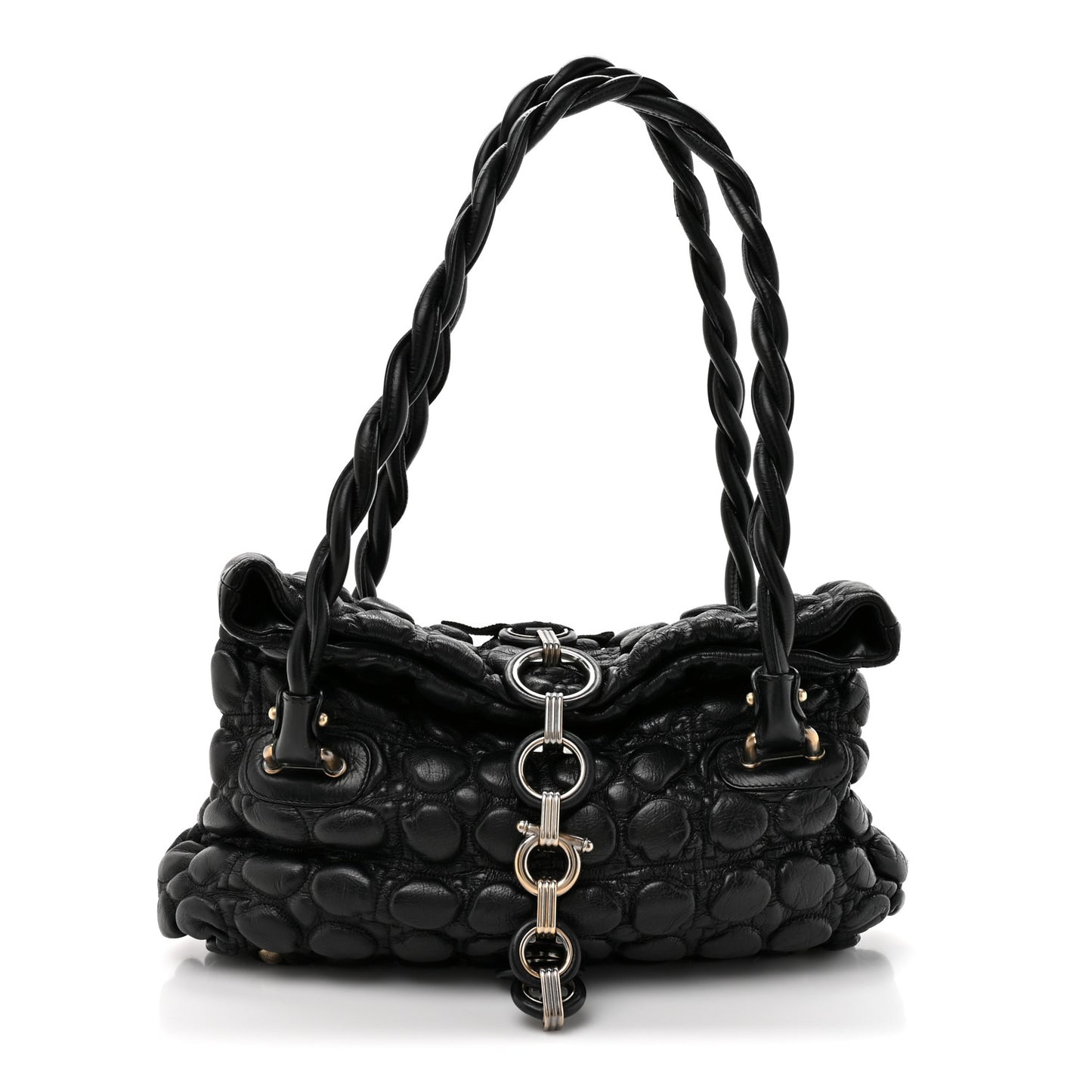 Padded Calfskin Embossed Fold Over Shoulder Bag Black