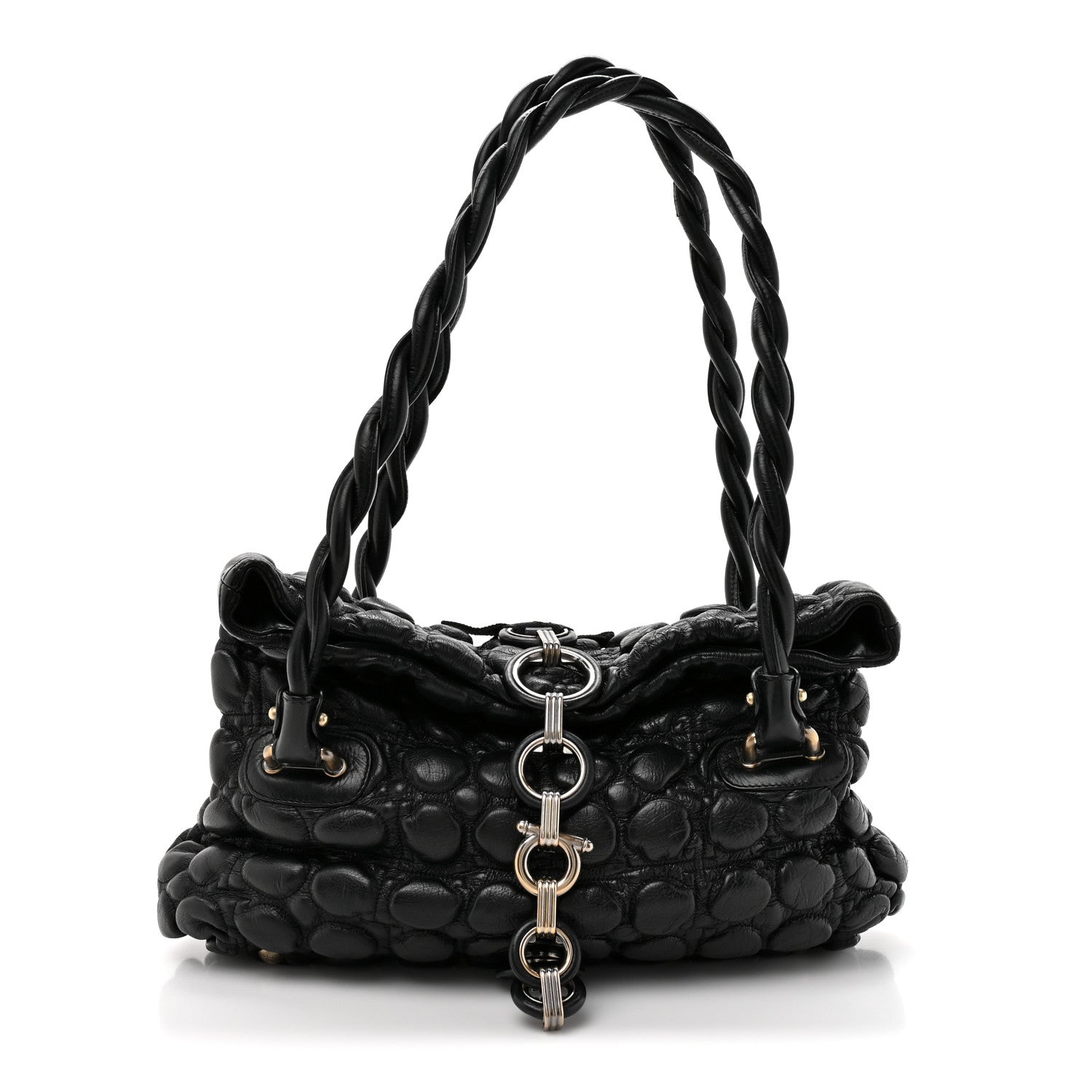 Salvatore Ferragamo Padded Calfskin Embossed Fold Over Shoulder Bag Black 1 of 9