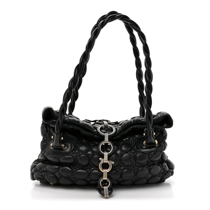 Salvatore Ferragamo Padded Calfskin Embossed Fold Over Shoulder Bag Black 1 of 9