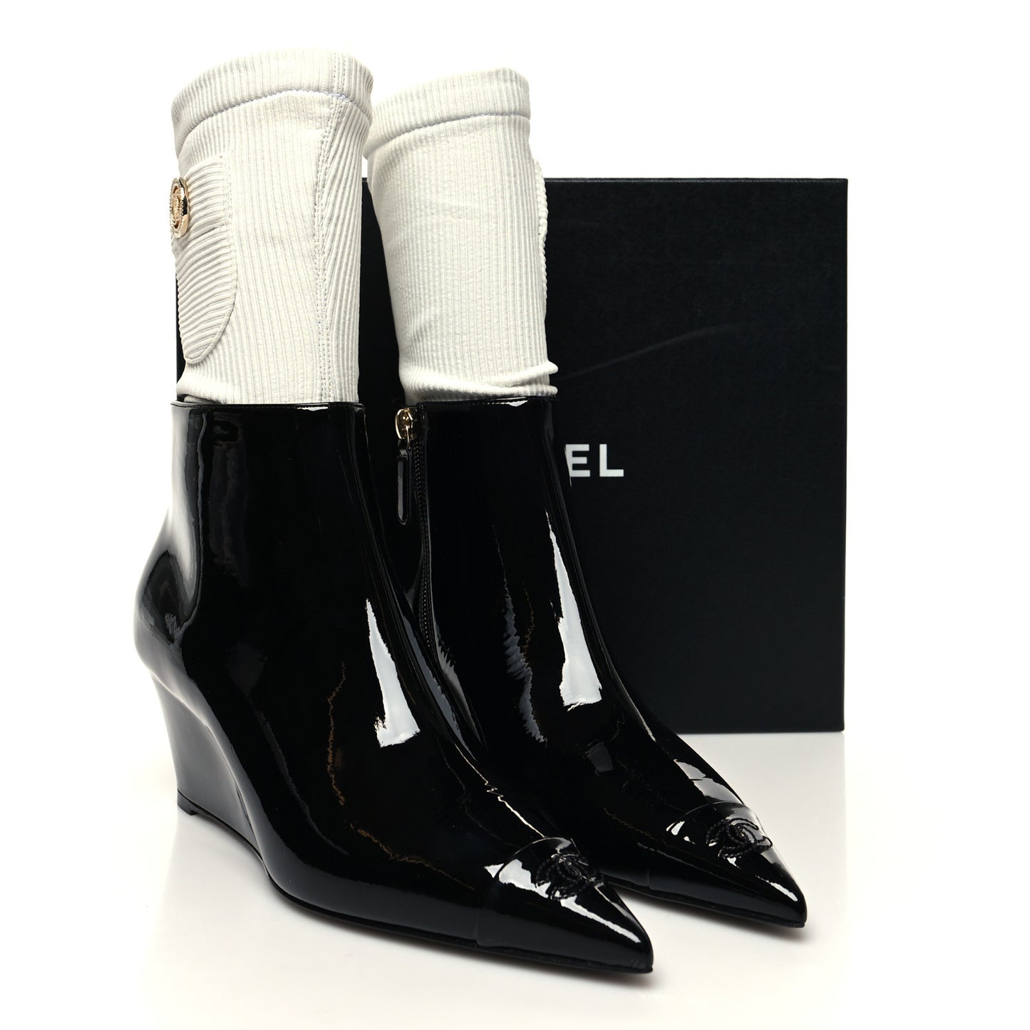 Patent Knit Wedge Ankle Boots 38.5 Black White
