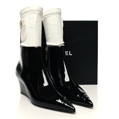 Chanel Patent Knit Wedge Ankle Boots 38.5 Black White 9 of 9