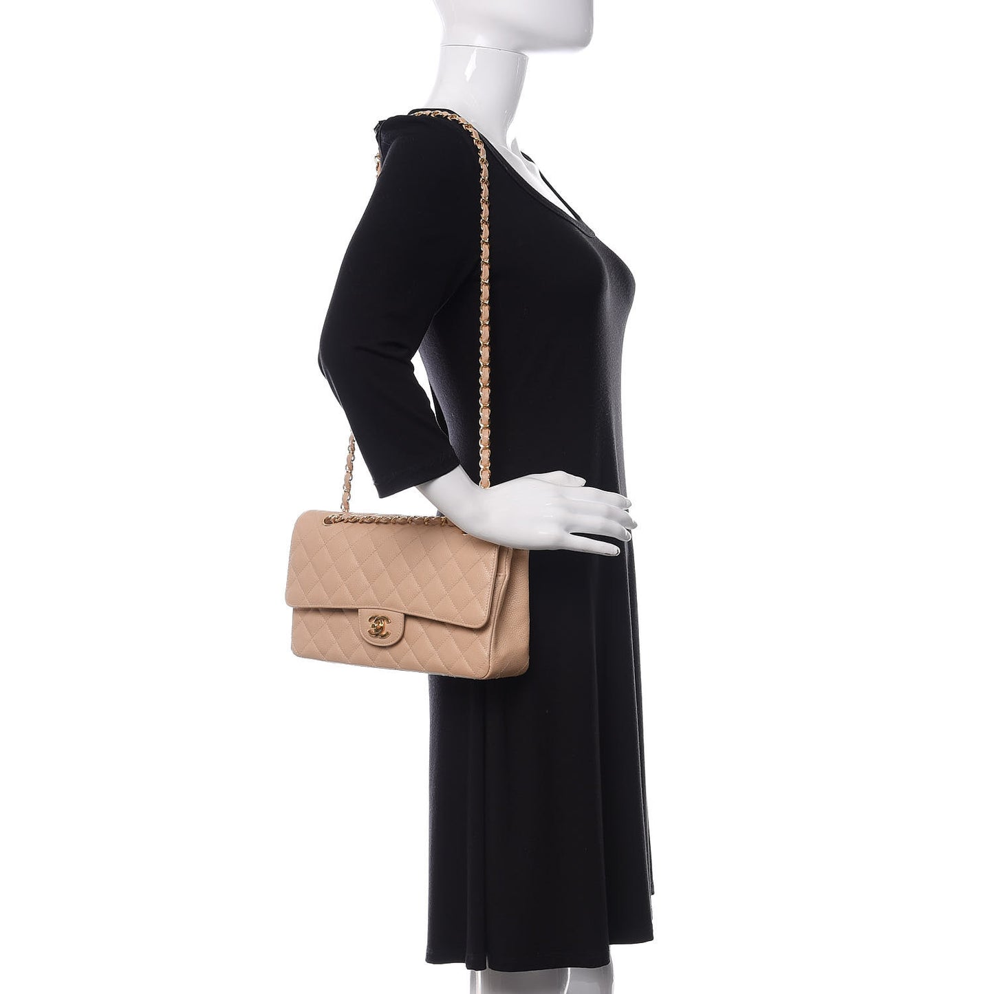 Caviar Quilted Medium Double Flap Beige